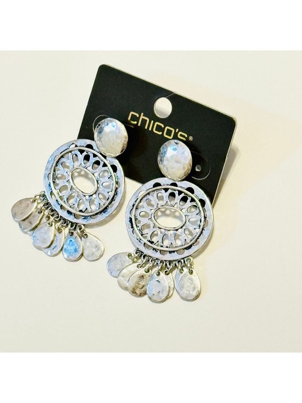 Chico's Silver Filigree Fringe Statement Earrings NWT - Picture 5 of 8
